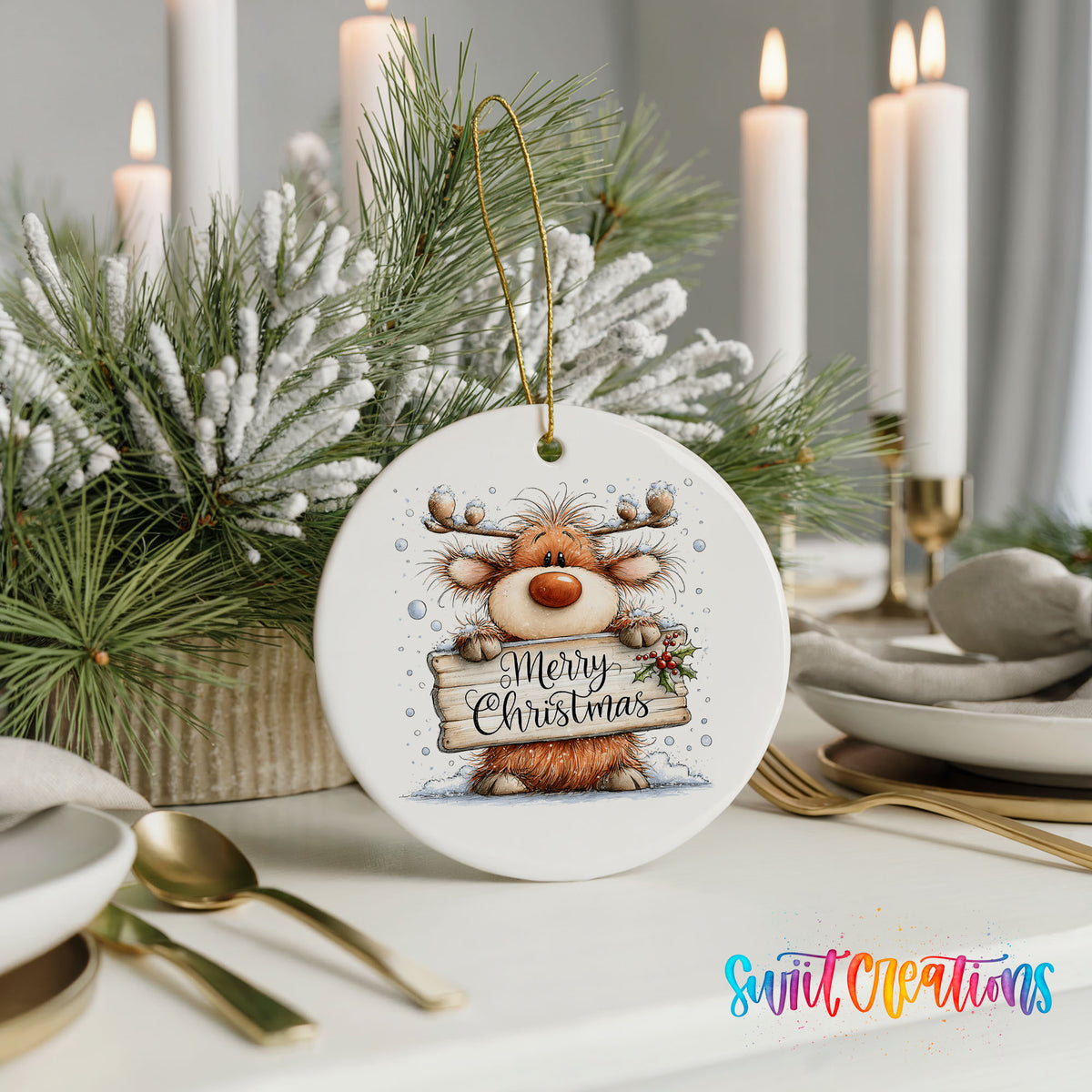reindeer holding a Merry Christmas sign ceramic Christmas ornament shown in a holiday table setting