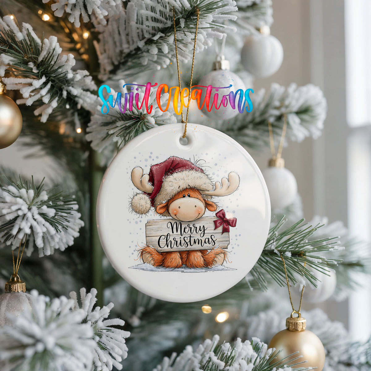 moose in a Santa hat holding a Merry Christmas sign ceramic Christmas ornament hanging on a frosted Christmas tree