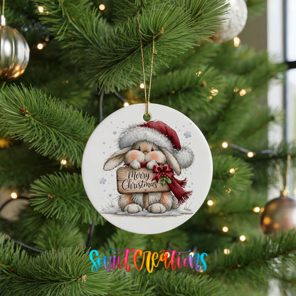 Christmas rabbit holding a Merry Christmas sign ceramic Christmas ornament hanging on a lit Christmas tree
