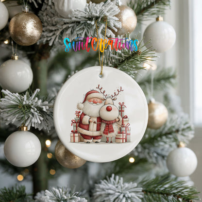 Santa Claus and reindeer beside wrapped Christmas gifts ceramic Christmas ornament hanging on a frosted tree with ornaments