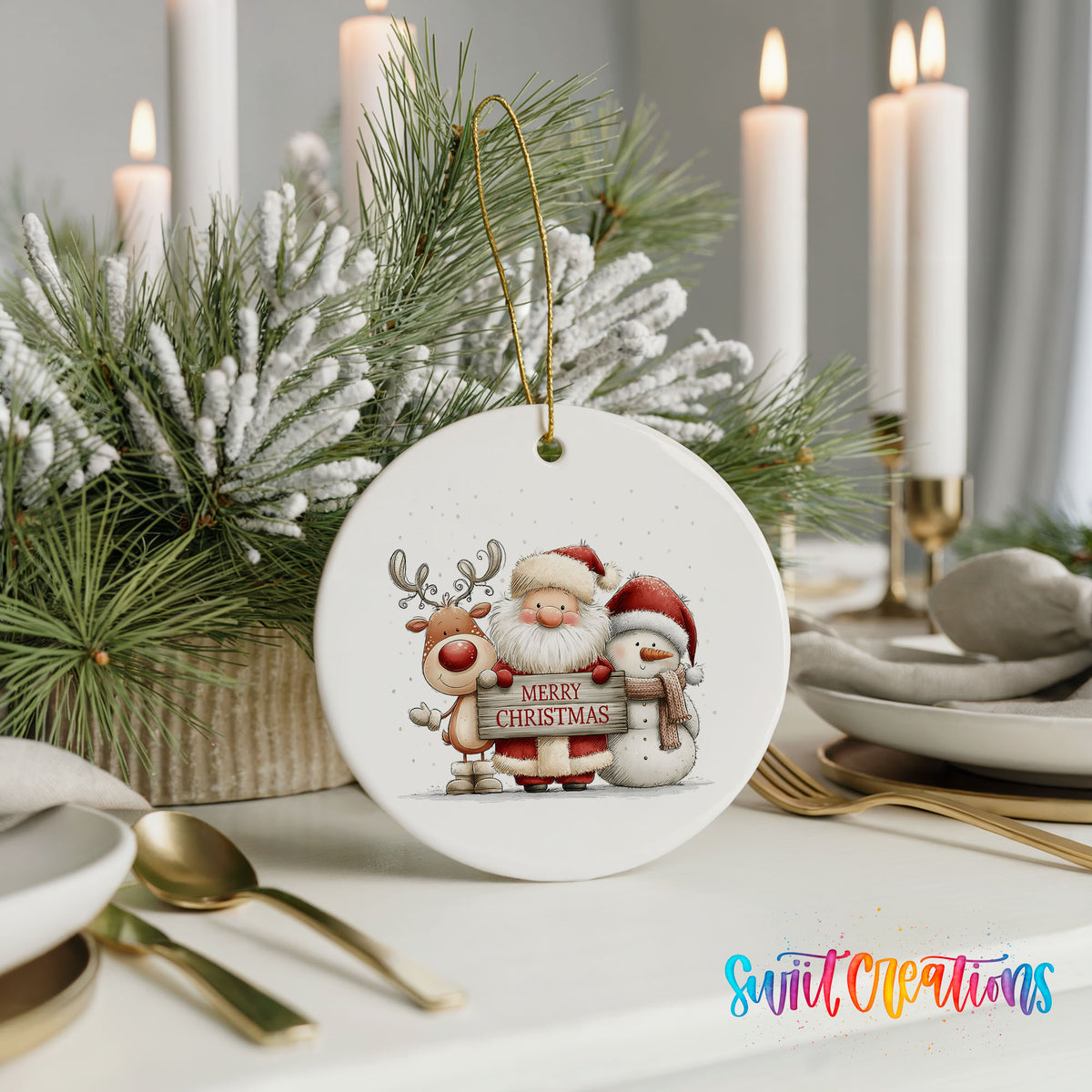 Santa Claus with a reindeer and snowman holding a Merry Christmas sign ceramic Christmas ornament shown in a holiday table setting