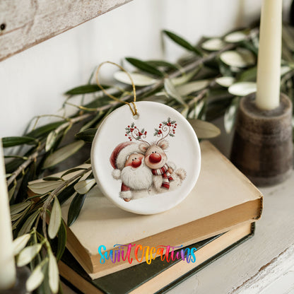 Santa Claus hugging a reindeer with holly antlers ceramic Christmas ornament styled on stacked books with greenery
