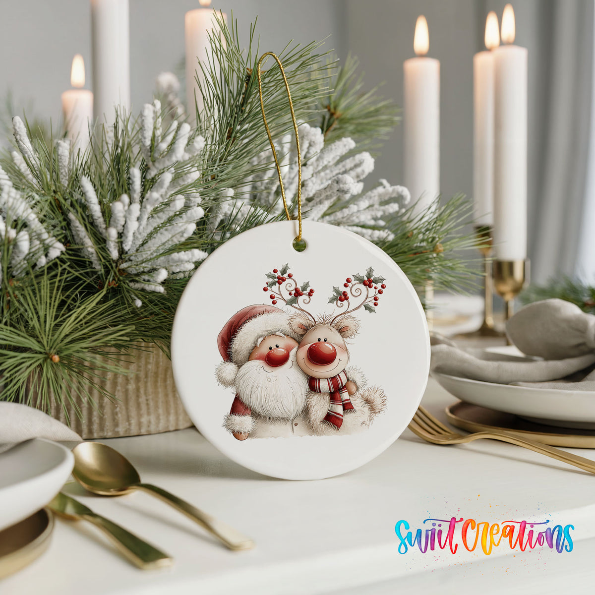 Santa Claus hugging a reindeer with holly antlers ceramic Christmas ornament shown in a holiday table setting
