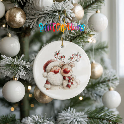 Santa Claus hugging a reindeer with holly antlers ceramic Christmas ornament hanging on a frosted tree with ornaments