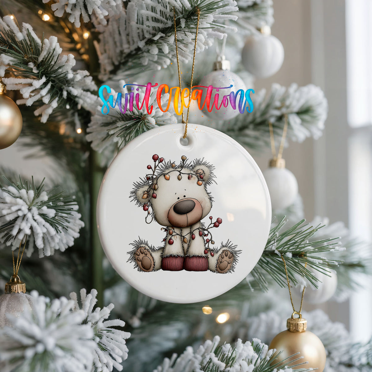 reindeer with decorated antlers and winter ornaments ceramic Christmas ornament hanging on a frosted Christmas tree