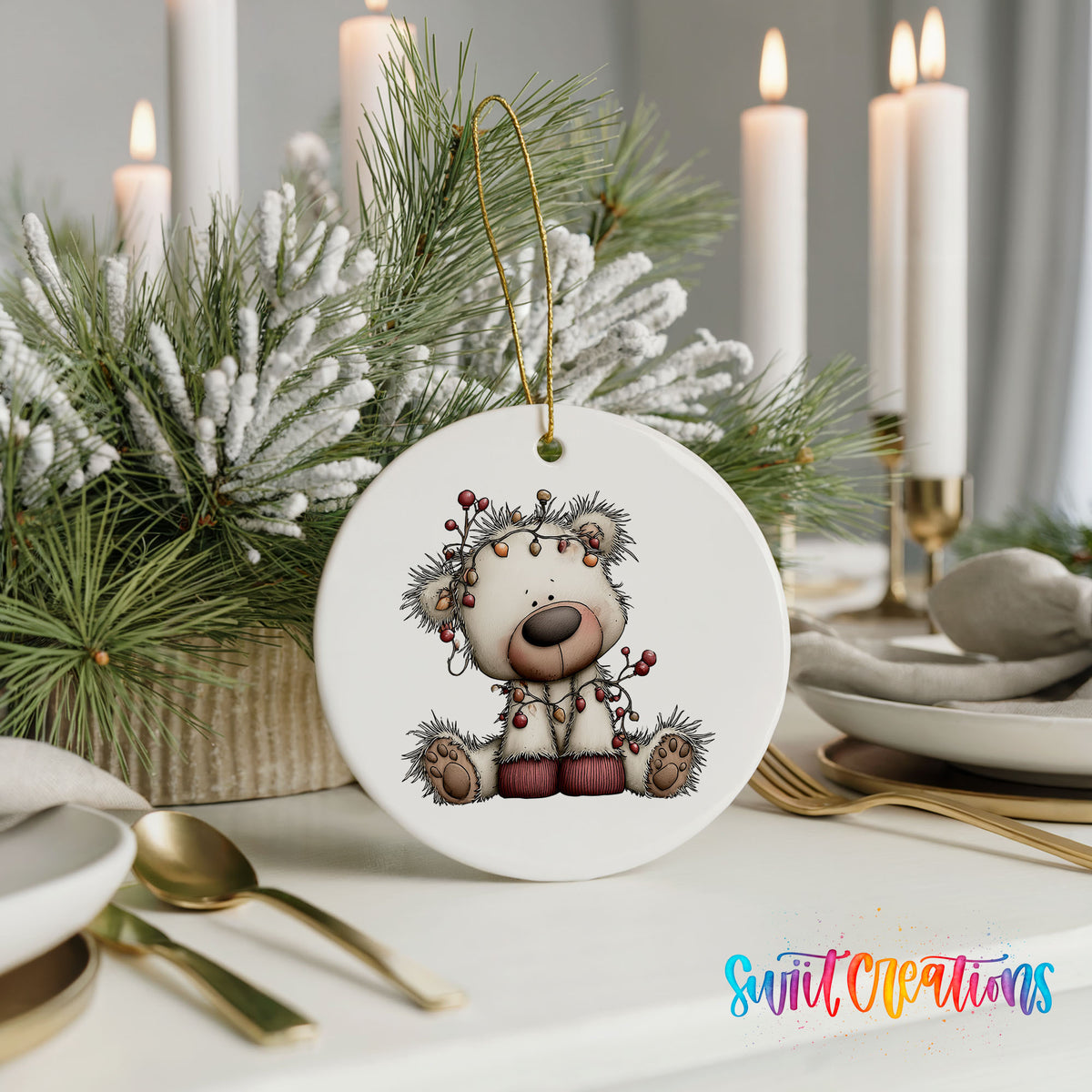 reindeer with decorated antlers and winter ornaments ceramic Christmas ornament shown in a holiday table setting