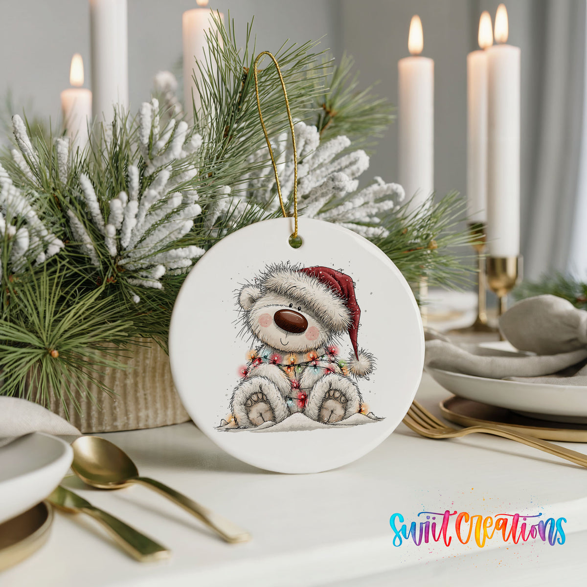 polar bear in a Santa hat and striped scarf ceramic Christmas ornament shown in a holiday table setting