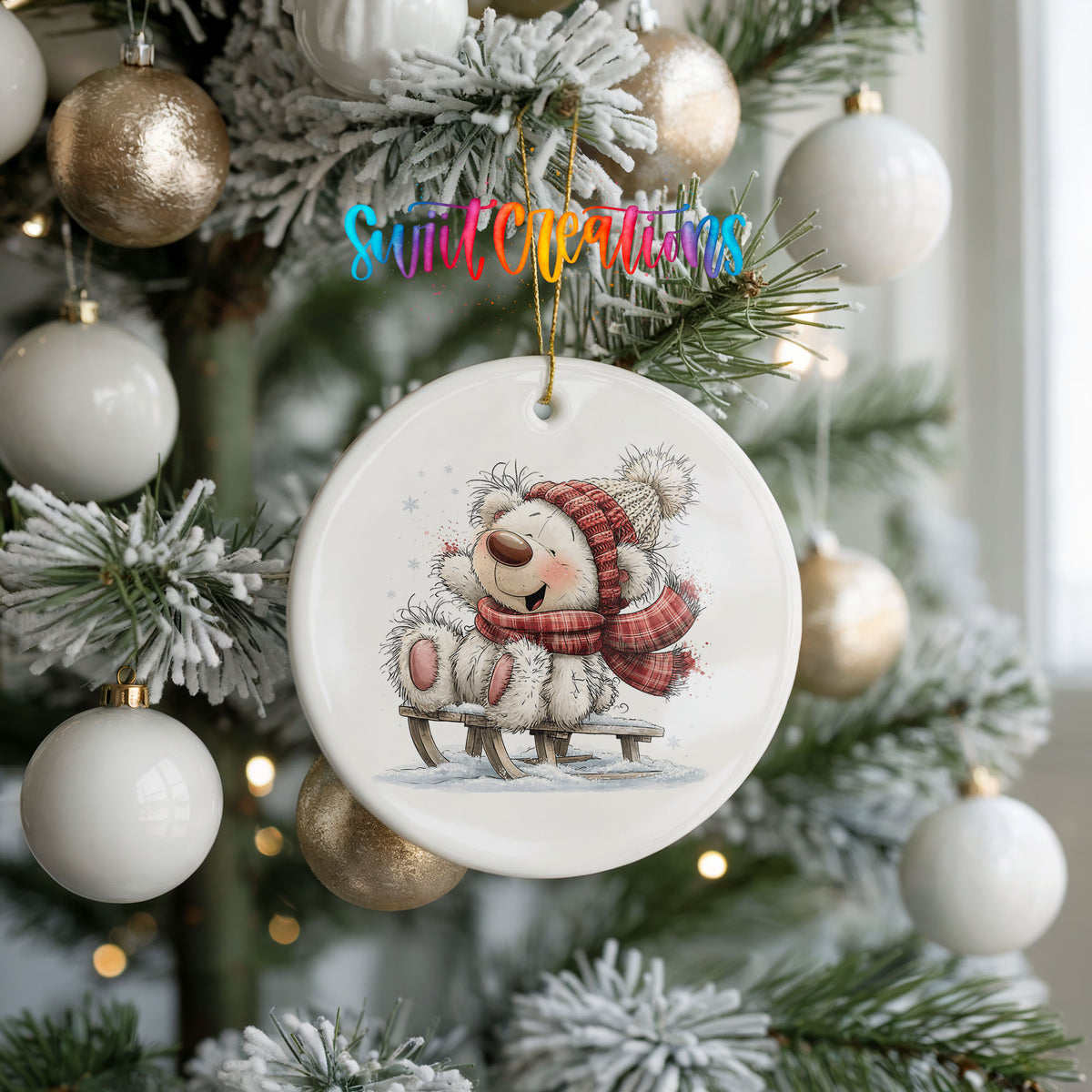 polar bear in a red winter scarf playing in the snow ceramic Christmas ornament hanging on a frosted tree with ornaments