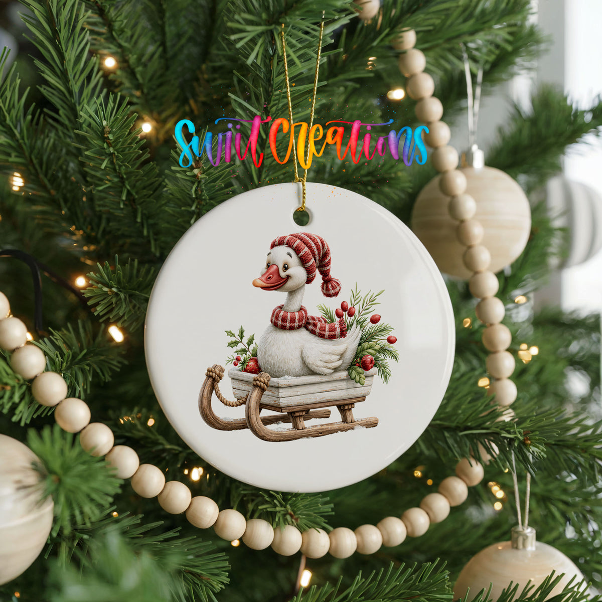 Christmas goose riding on a wooden sled ceramic Christmas ornament hanging on a green Christmas tree