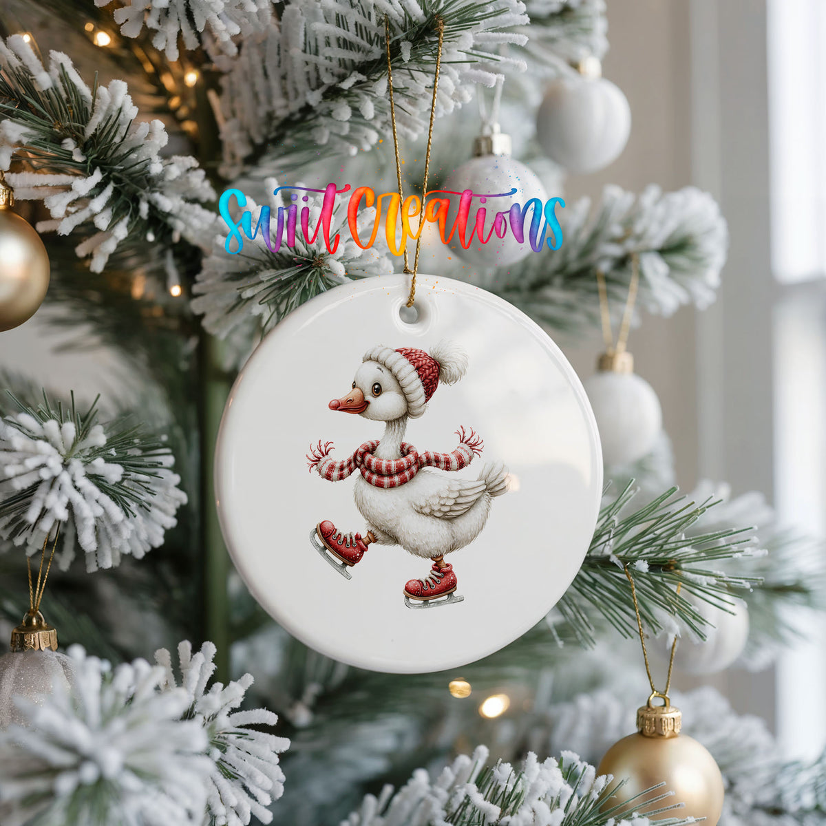 ice skating Christmas goose in a striped scarf ceramic Christmas ornament hanging on a frosted Christmas tree