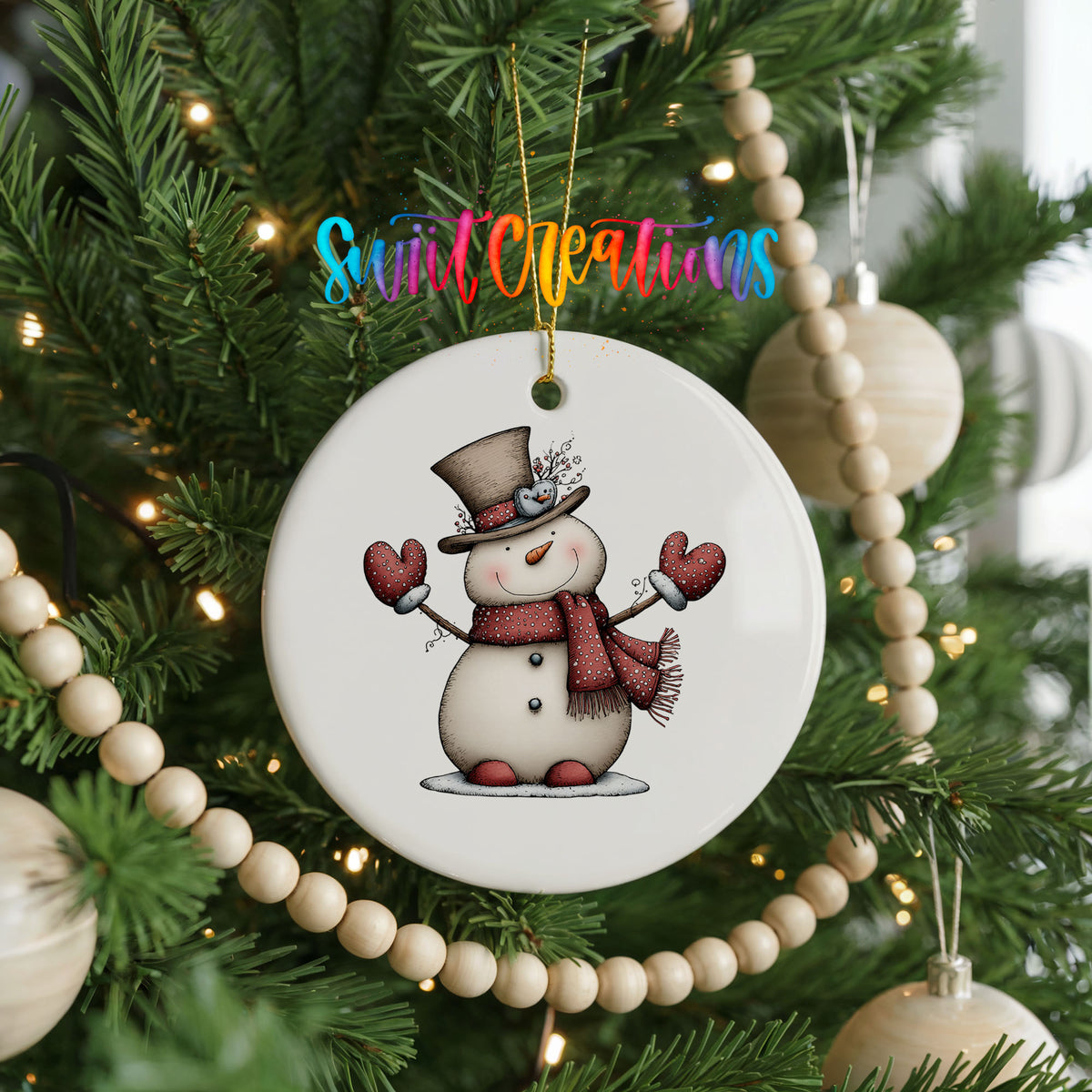 snowman in a top hat with red heart mittens ceramic Christmas ornament hanging on a green Christmas tree