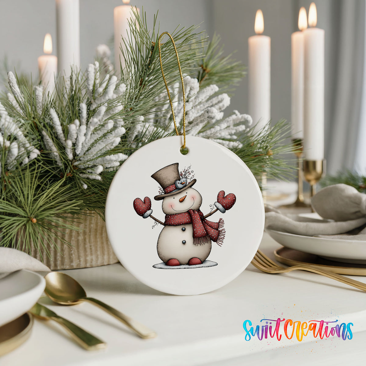 snowman in a top hat with red heart mittens ceramic Christmas ornament shown in a holiday table setting