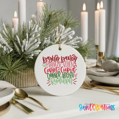 Colorful reindeer names typography ceramic Christmas ornament displayed with elegant holiday table decor