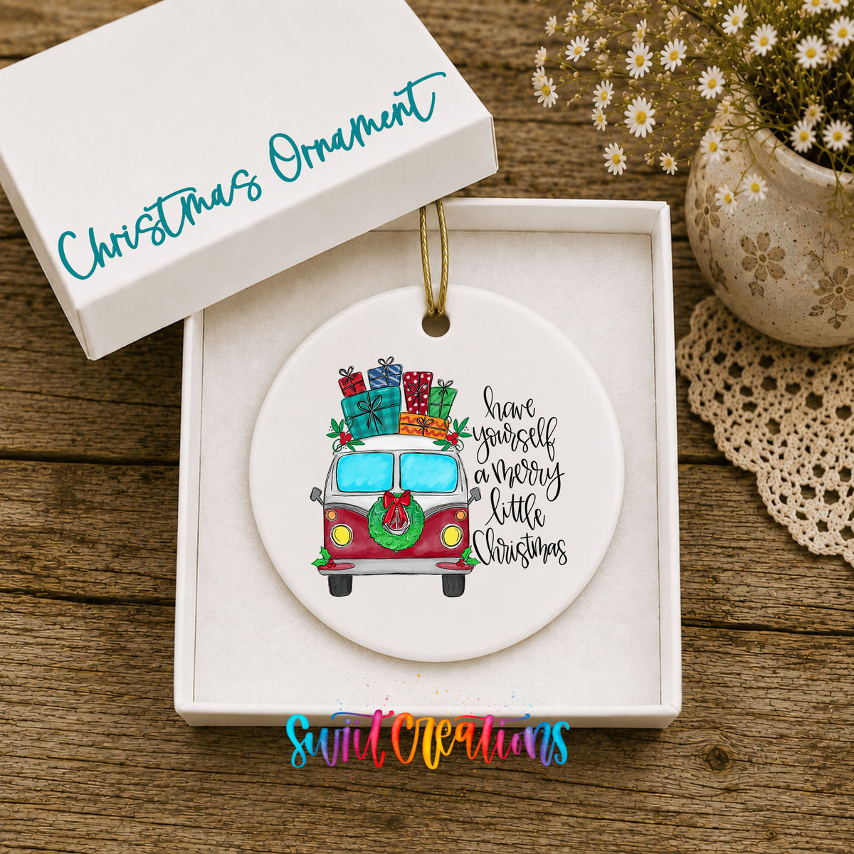 Have Yourself a Merry Little Christmas vintage truck ceramic Christmas ornament displayed in the included gift box