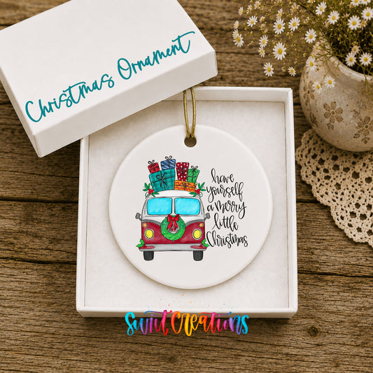 Have Yourself a Merry Little Christmas vintage truck ceramic Christmas ornament displayed in the included gift box