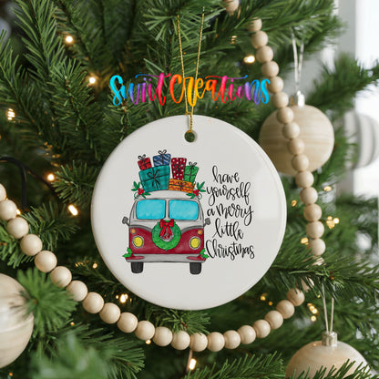 Have Yourself a Merry Little Christmas vintage truck ceramic Christmas ornament hanging on a decorated Christmas tree