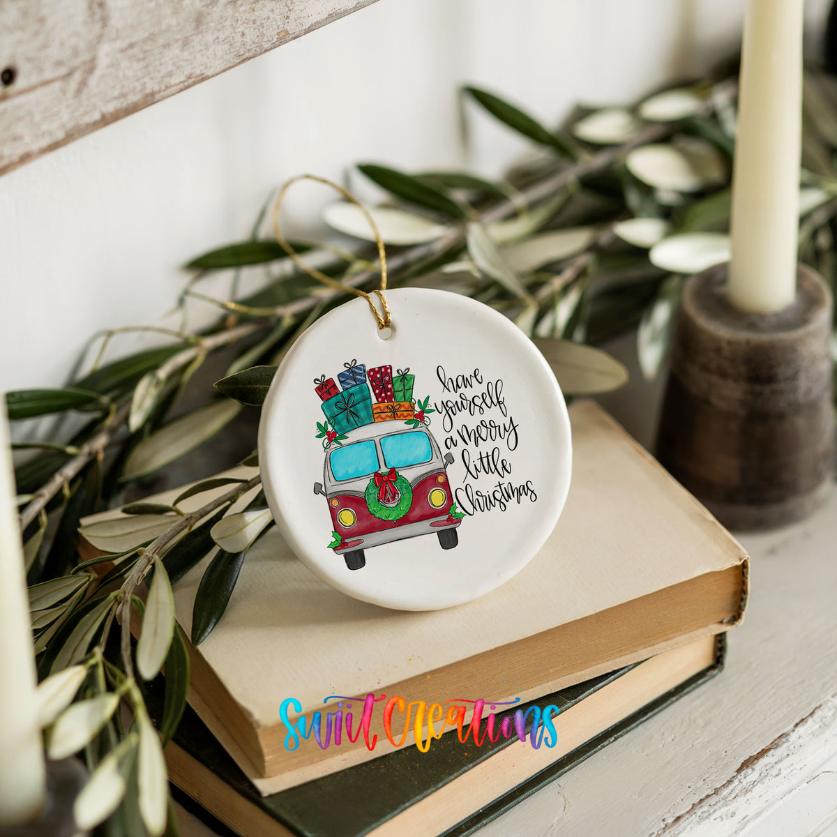 Have Yourself a Merry Little Christmas vintage truck ceramic Christmas ornament styled on books with holiday greenery