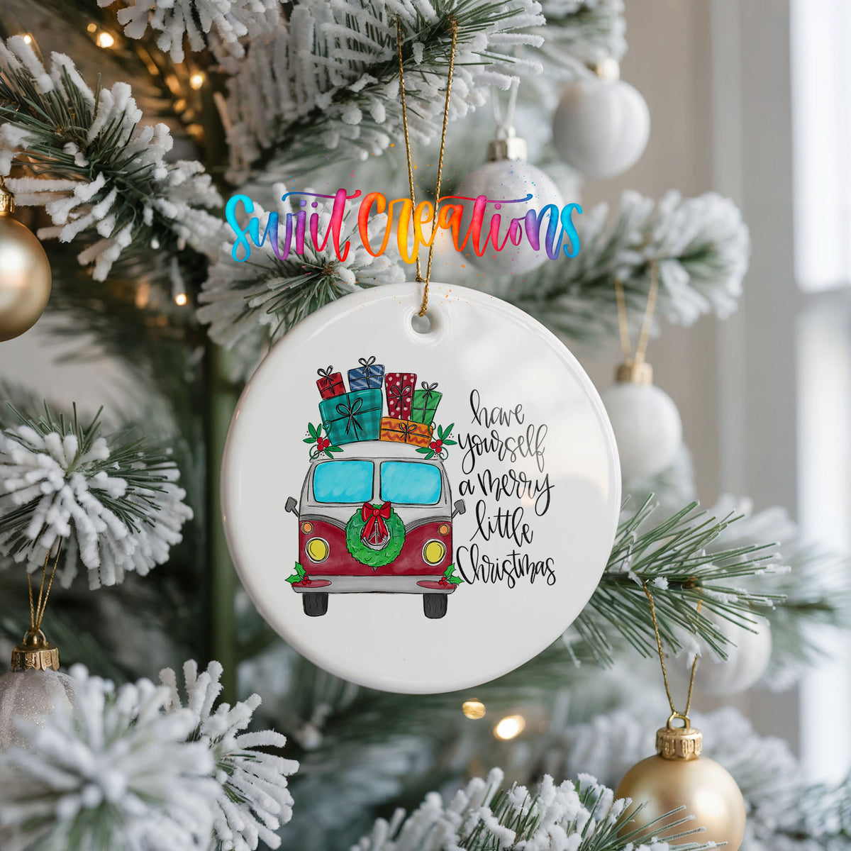 Have Yourself a Merry Little Christmas vintage truck ceramic Christmas ornament hanging on a frosted Christmas tree