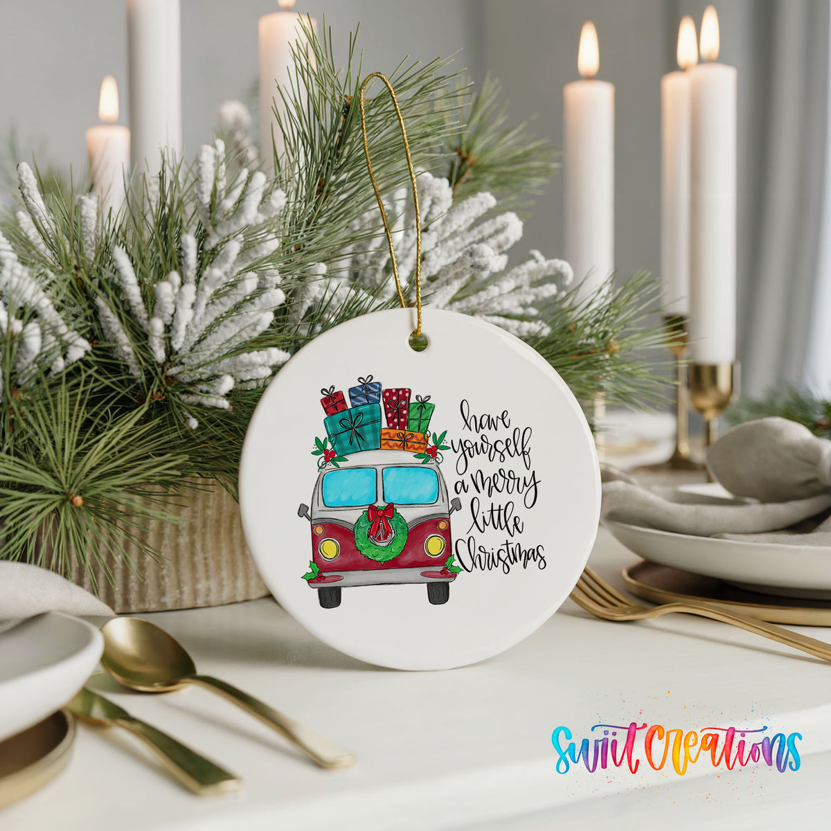 Have Yourself a Merry Little Christmas vintage truck ceramic Christmas ornament displayed with elegant holiday table decor