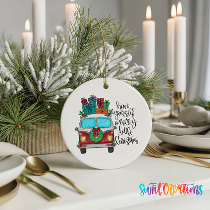 Have Yourself a Merry Little Christmas vintage truck ceramic Christmas ornament displayed with elegant holiday table decor