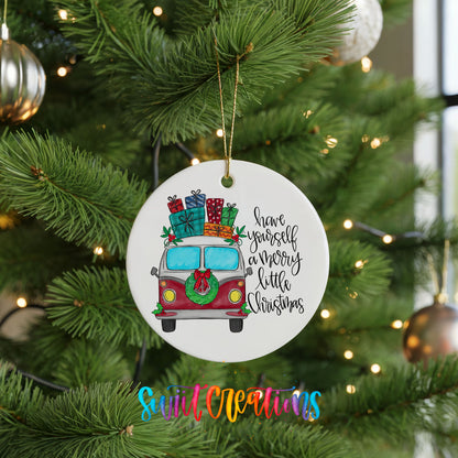 Have Yourself a Merry Little Christmas vintage truck ceramic Christmas ornament hanging on a green Christmas tree