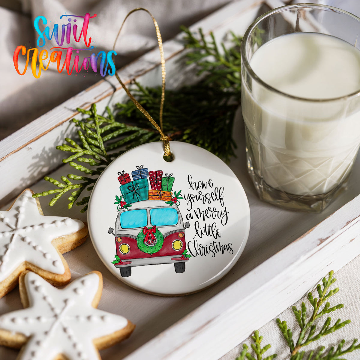 Have Yourself a Merry Little Christmas vintage truck ceramic Christmas ornament styled with cookies and milk