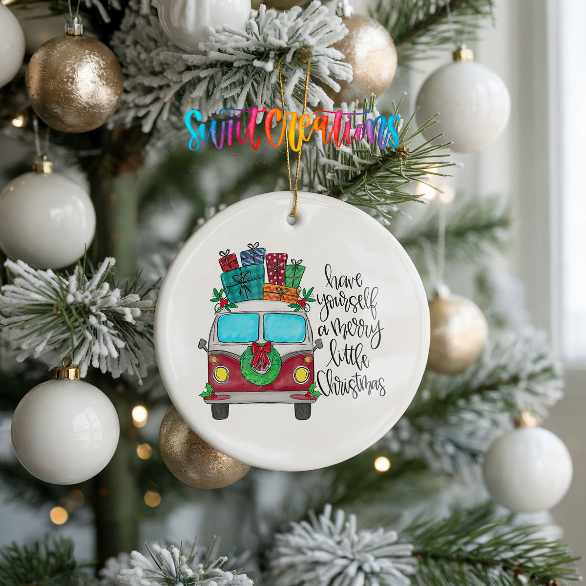 Have Yourself a Merry Little Christmas vintage truck ceramic Christmas ornament hanging on a frosted holiday tree