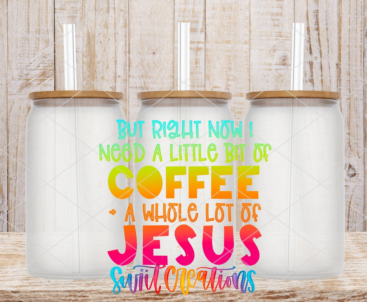 Glass tumbler mockups featuring the Swiit Creations Coffee And A Whole Lot Of Jesus UV DTF transfer.
