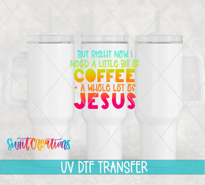 Three white tumbler mockups displaying the Swiit Creations Coffee And A Whole Lot Of Jesus UV DTF transfer.
