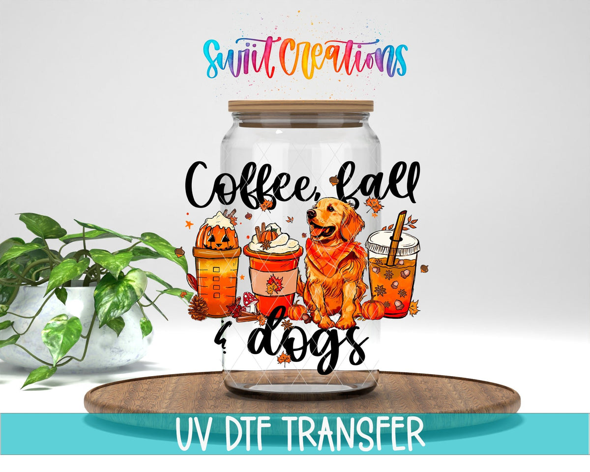 Coffee Fall Dogs UV DTF Transfer Tumbler Wrap | Golden Retriever Pumpkin Spice Cup Decal | DTF243 - Swiit Creations