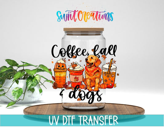 Coffee Fall Dogs UV DTF Transfer Tumbler Wrap | Golden Retriever Pumpkin Spice Cup Decal | DTF243 - Swiit Creations