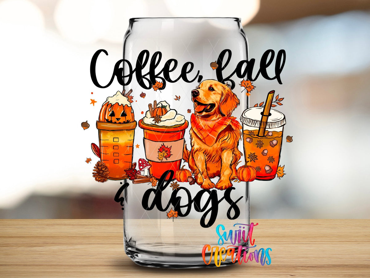 Coffee Fall Dogs UV DTF Transfer Tumbler Wrap | Golden Retriever Pumpkin Spice Cup Decal | DTF243 - Swiit Creations