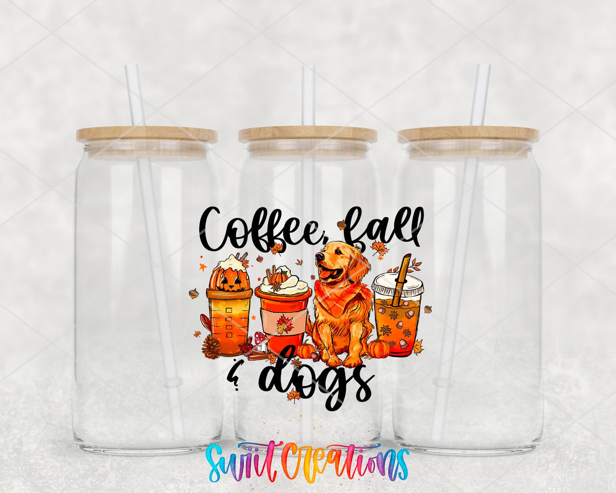 Coffee Fall Dogs UV DTF Transfer Tumbler Wrap | Golden Retriever Pumpkin Spice Cup Decal | DTF243 - Swiit Creations