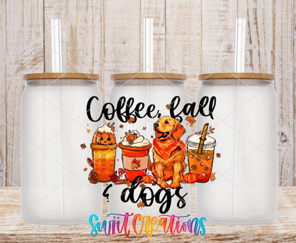 Coffee Fall Dogs UV DTF Transfer Tumbler Wrap | Golden Retriever Pumpkin Spice Cup Decal | DTF243 - Swiit Creations