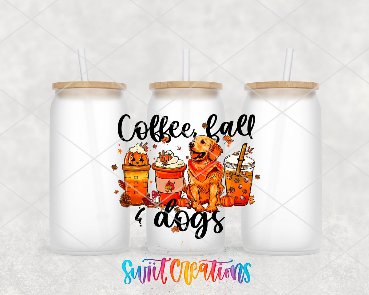 Coffee Fall Dogs UV DTF Transfer Tumbler Wrap | Golden Retriever Pumpkin Spice Cup Decal | DTF243 - Swiit Creations