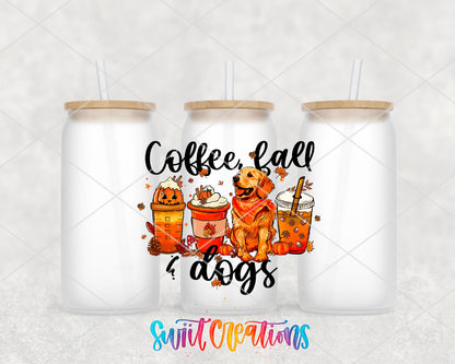 Coffee Fall Dogs UV DTF Transfer Tumbler Wrap | Golden Retriever Pumpkin Spice Cup Decal | DTF243 - Swiit Creations