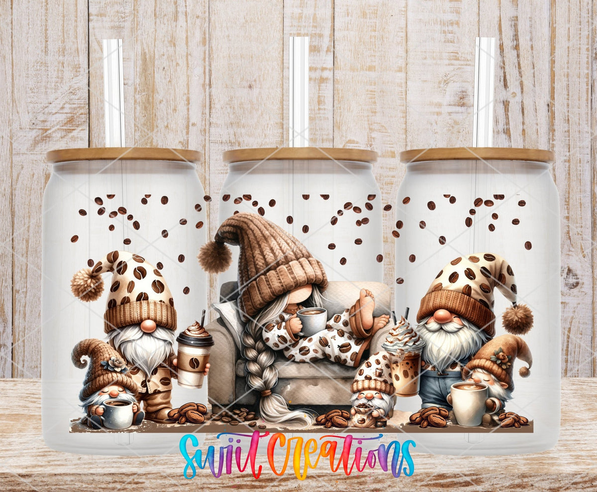 Coffee Gnomes UV DTF Transfer Tumbler Wrap | Cozy Pajama Gnome Coffee Cup Decal | DTF228 - Swiit Creations