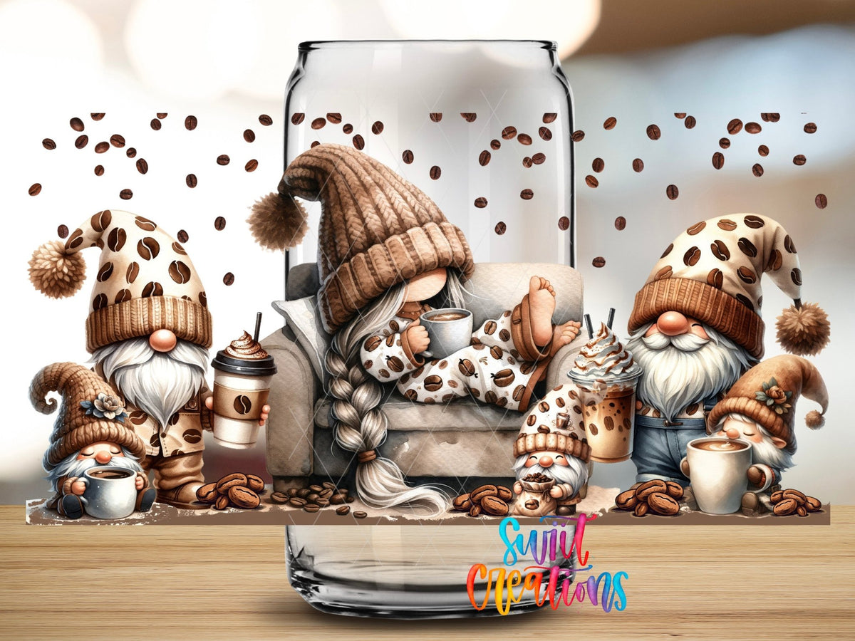 Coffee Gnomes UV DTF Transfer Tumbler Wrap | Cozy Pajama Gnome Coffee Cup Decal | DTF228 - Swiit Creations
