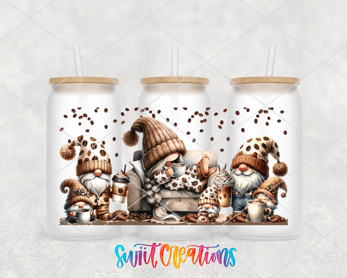 Coffee Gnomes UV DTF Transfer Tumbler Wrap | Cozy Pajama Gnome Coffee Cup Decal | DTF228 - Swiit Creations