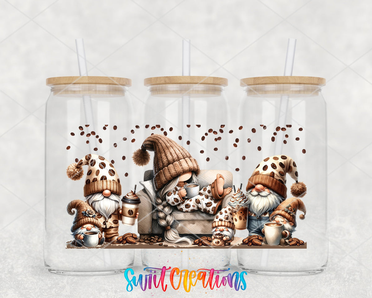 Coffee Gnomes UV DTF Transfer Tumbler Wrap | Cozy Pajama Gnome Coffee Cup Decal | DTF228 - Swiit Creations