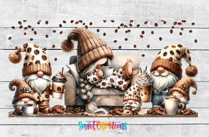 Coffee Gnomes UV DTF Transfer Tumbler Wrap | Cozy Pajama Gnome Coffee Cup Decal | DTF228 - Swiit Creations