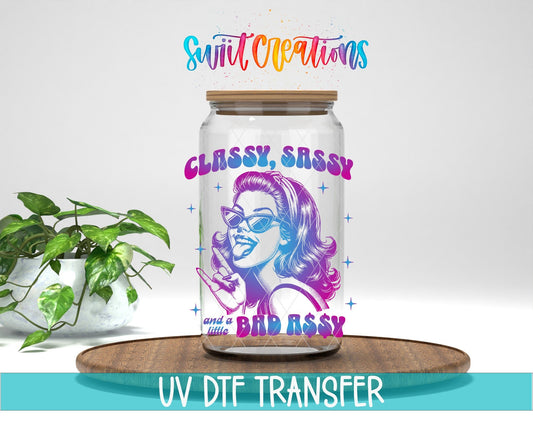 Colorful Classy Sassy Retro Gradient UV DTF transfer displayed on a clear jar mockup from Swiit Creations