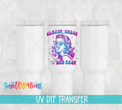 Colorful Classy Sassy Retro Gradient UV DTF transfer applied to a white tumbler set from Swiit Creations