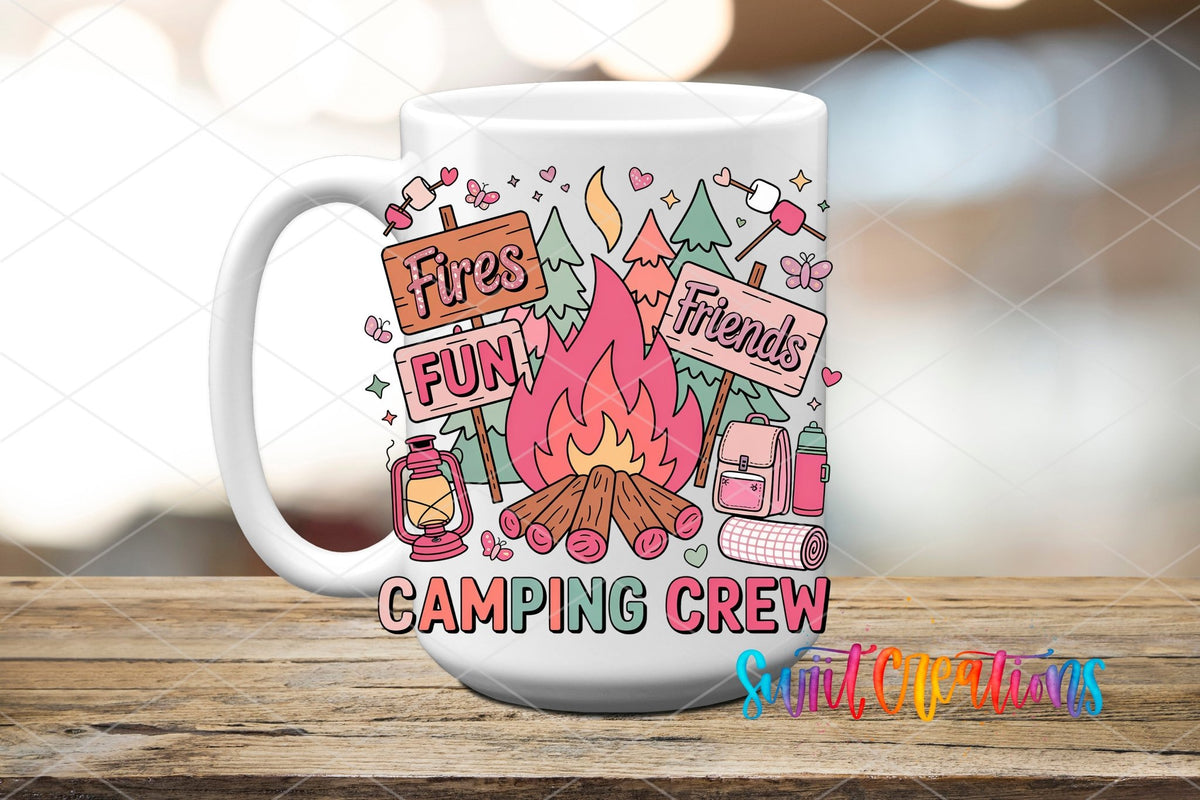 Colorful Fun Camping Crew for Friends UV DTF transfer displayed on a white ceramic mug from Swiit Creations