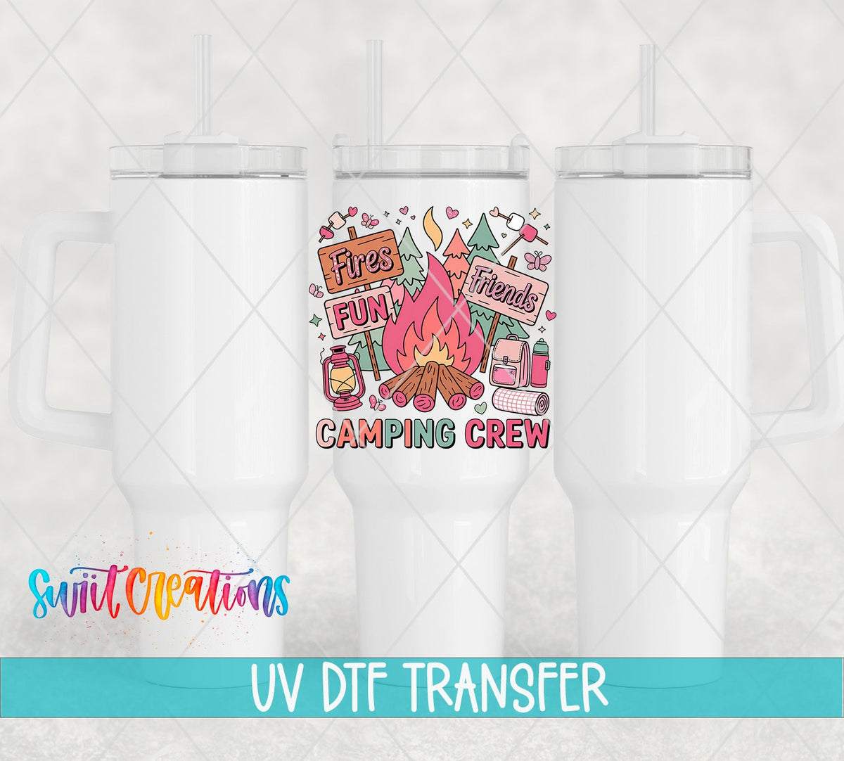 Colorful Fun Camping Crew for Friends UV DTF transfer applied to a white tumbler set from Swiit Creations