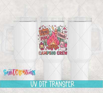 Colorful Fun Camping Crew for Friends UV DTF transfer applied to a white tumbler set from Swiit Creations
