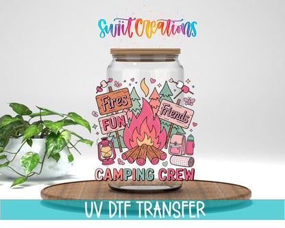 Colorful Fun Camping Crew for Friends UV DTF transfer displayed on a clear jar mockup from Swiit Creations