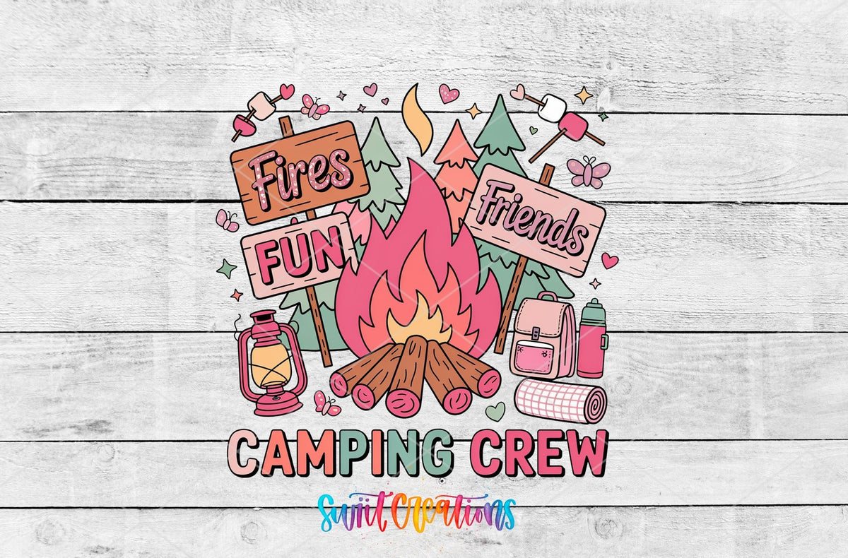 Colorful Fun Camping Crew for Friends UV DTF transfer shown as a full artwork preview from Swiit Creations