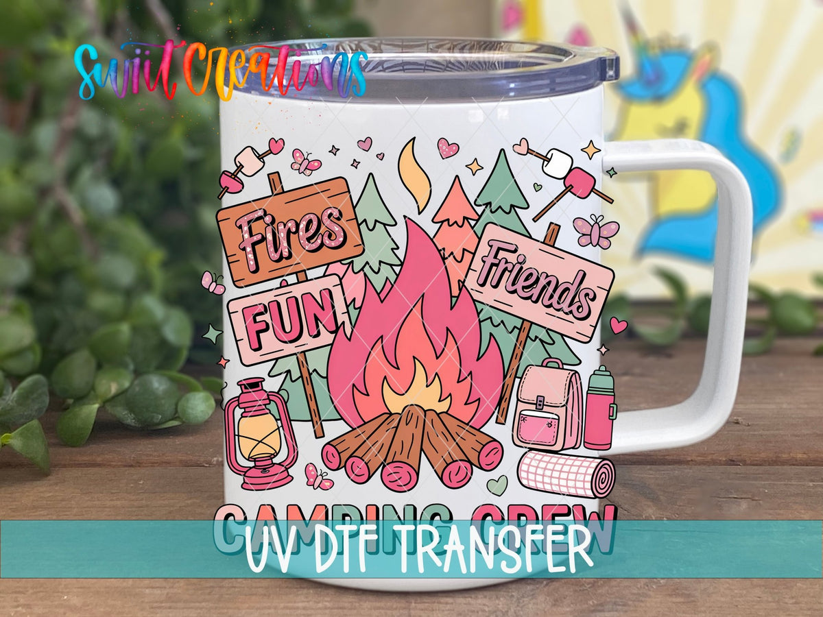 Colorful Fun Camping Crew for Friends UV DTF transfer displayed on a white coffee mug from Swiit Creations