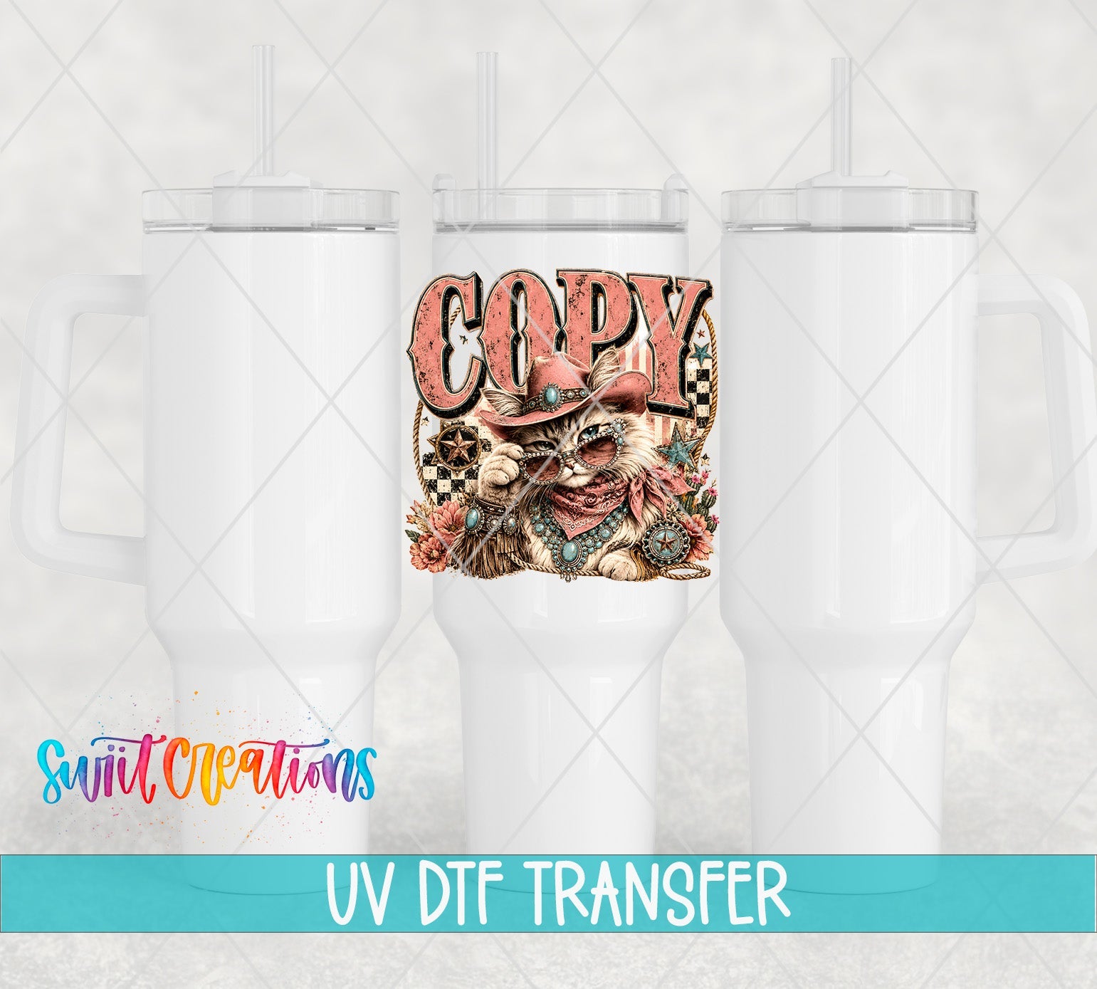 Copy Cat Western Glam Cat UV DTF Transfer | Retro Cowgirl Cat Drinkware Design | UV2086 - Swiit Creations